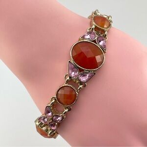 Vintage Style Napier Pink & Orange Gem Link Bracelet – Floral Accent